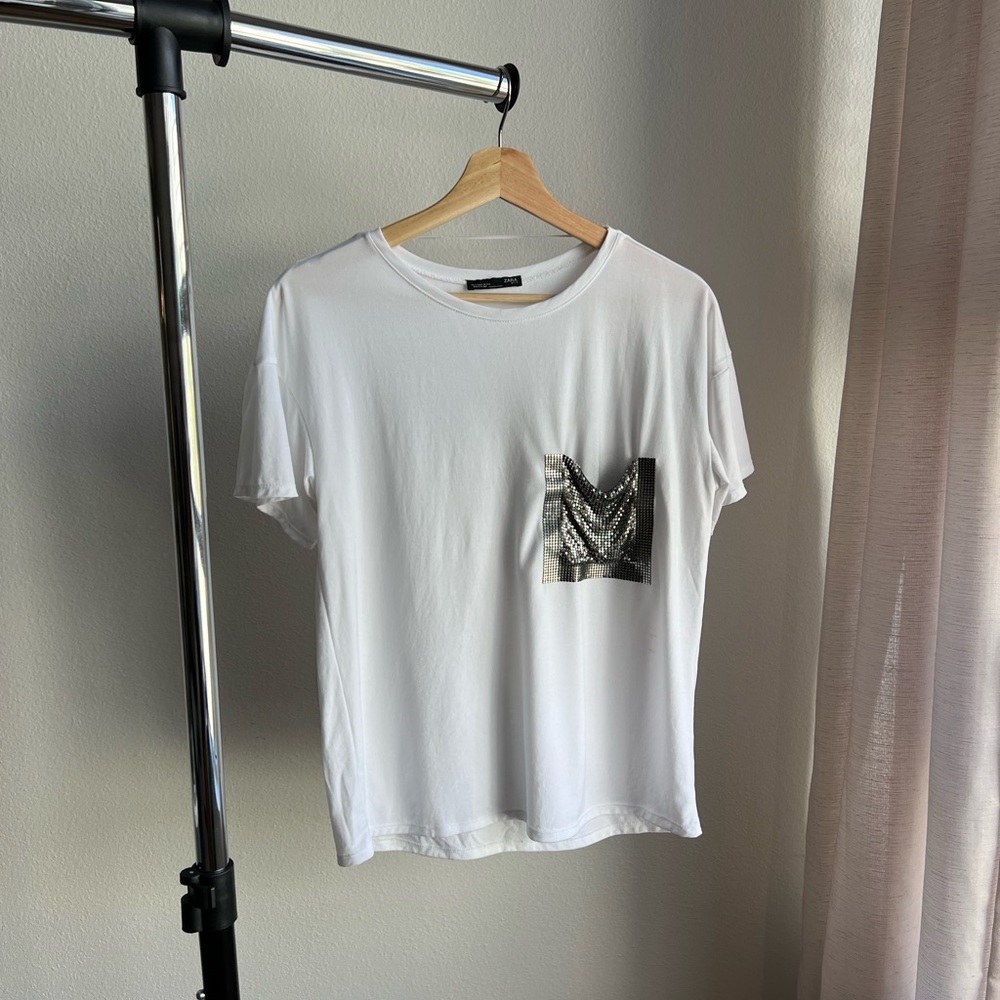 Zara White T-Shirt with Silver Sequin-Embellished Front Pocket